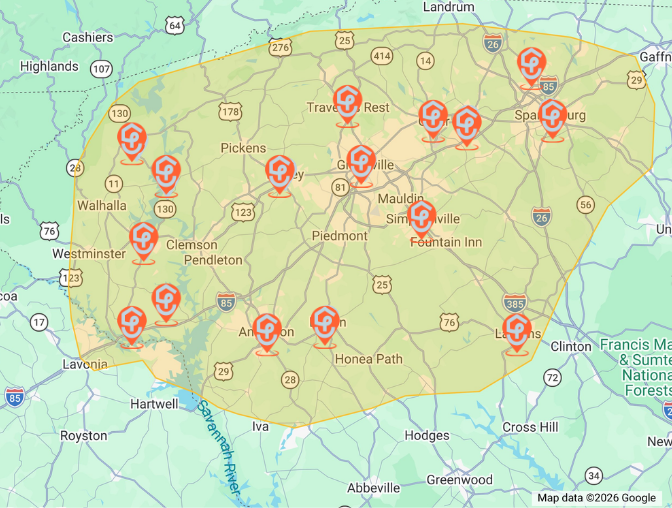Tango Pest Control service area map covering Greenville, Greer, Simpsonville, Spartanburg, Easley, Clemson, Anderson, and nearby Upstate South Carolina communities.